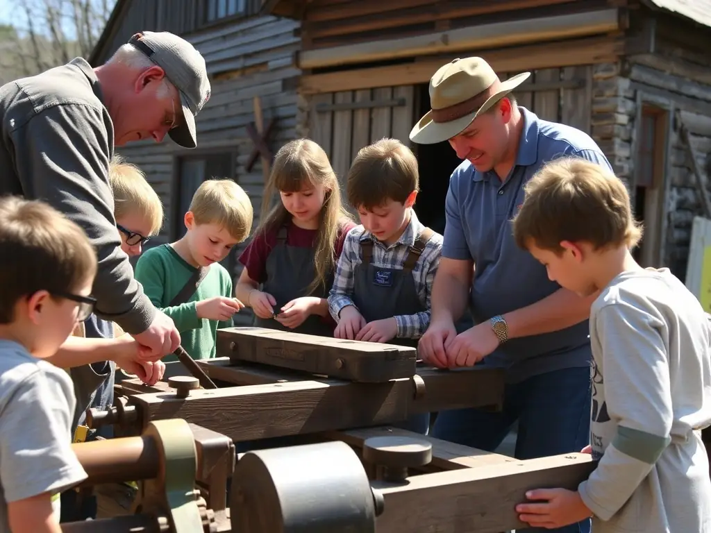 Children and adults participating in a hands-on millwright workshop outdoors, representing the Educational and Cultural Activities.