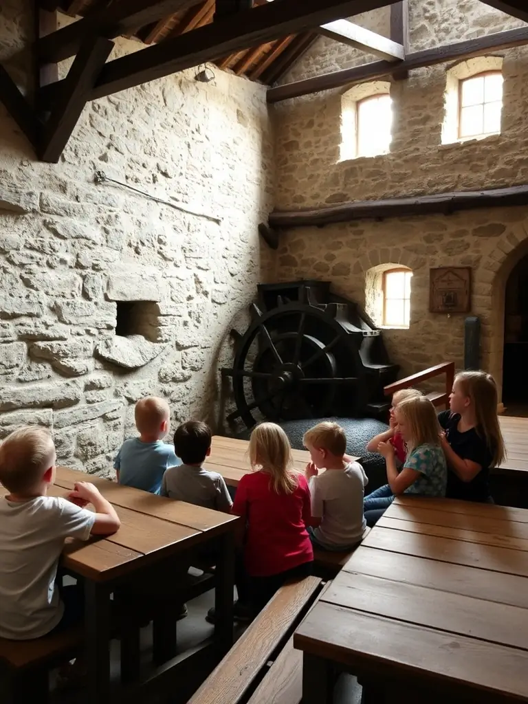 A group of children participating in a workshop learning about traditional milling techniques, emphasizing the educational aspect of MOULINS DE CHARENTE's activities.