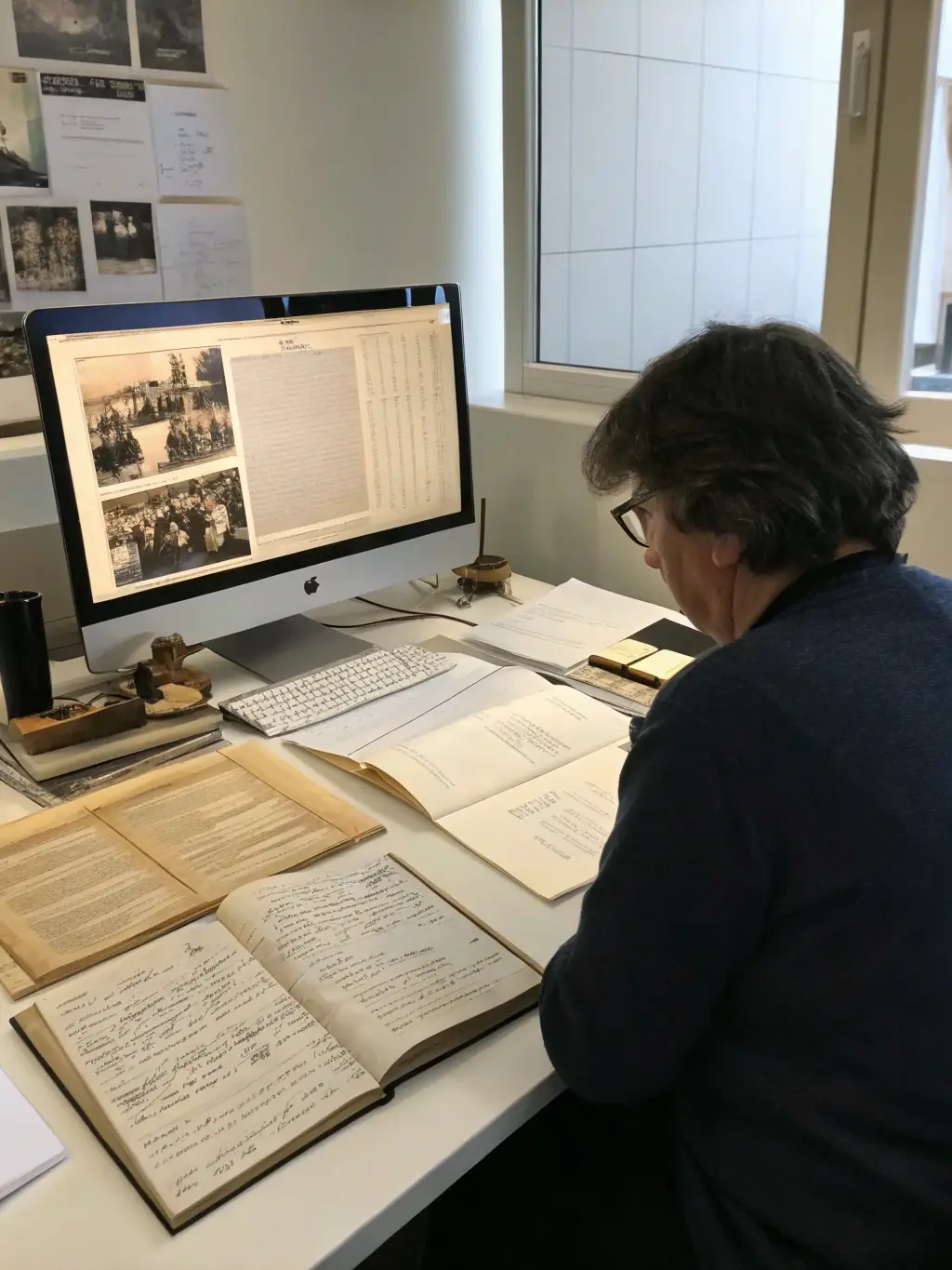A researcher examining old documents and architectural plans related to a historic mill, highlighting the research and documentation efforts of MOULINS DE CHARENTE.
