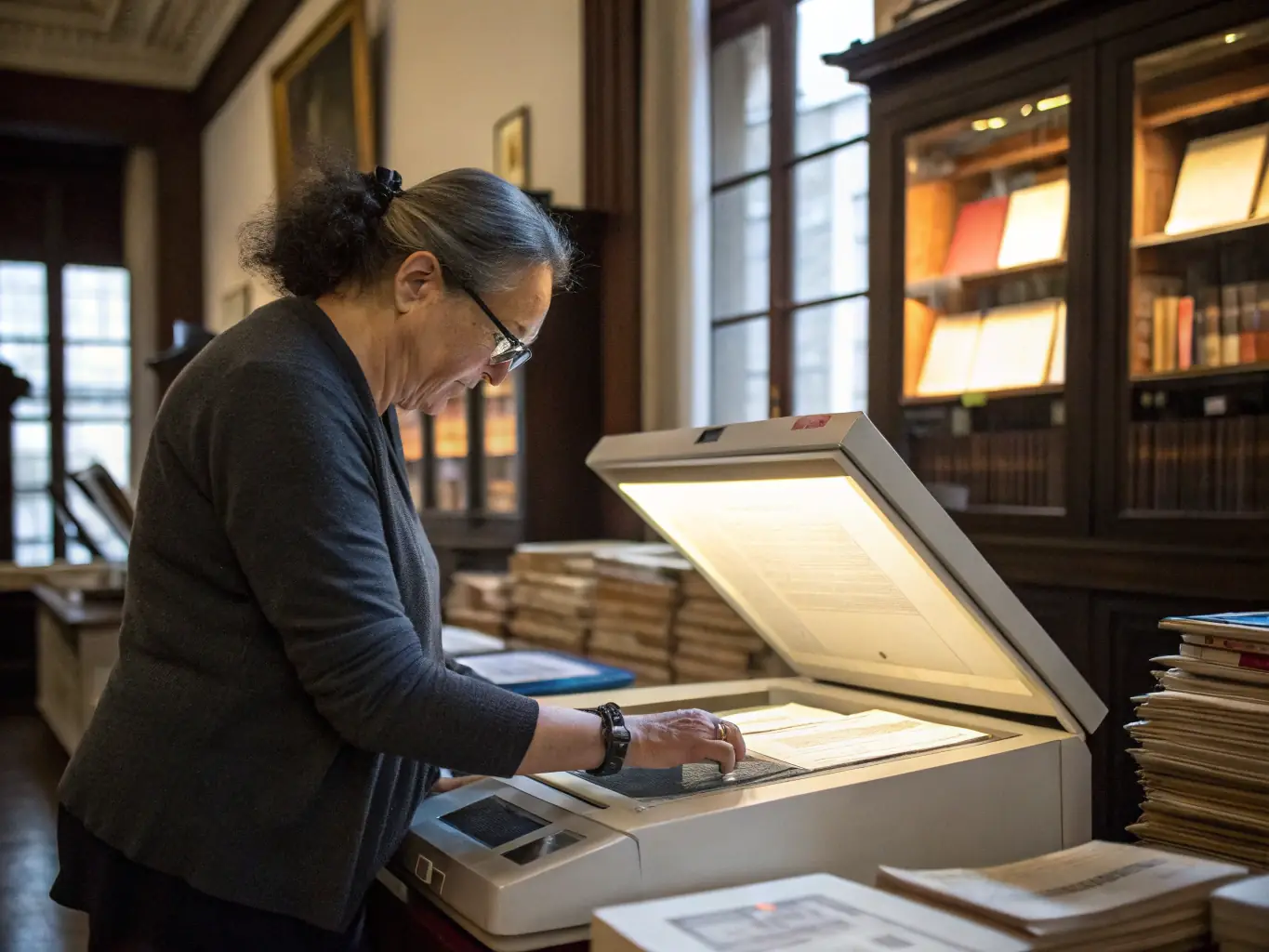 A researcher examining historical documents and photographs of mills, illustrating the Heritage Documentation and Research efforts.